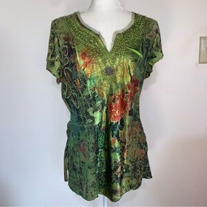B.L.E.U. green beaded sublimation top Large